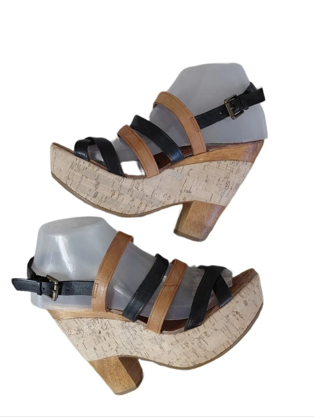 Anthropologie Black and Brown Strappy Platform Cork Wedge Sandals Size 8 B